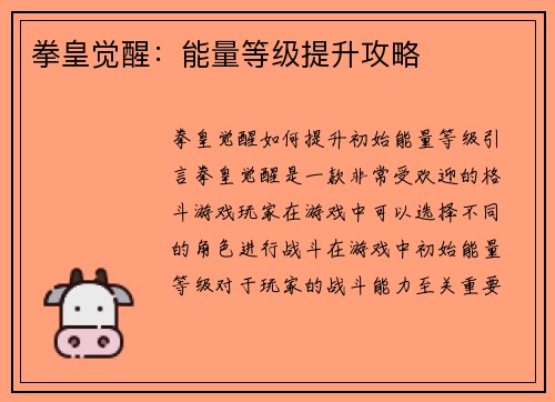 拳皇觉醒：能量等级提升攻略
